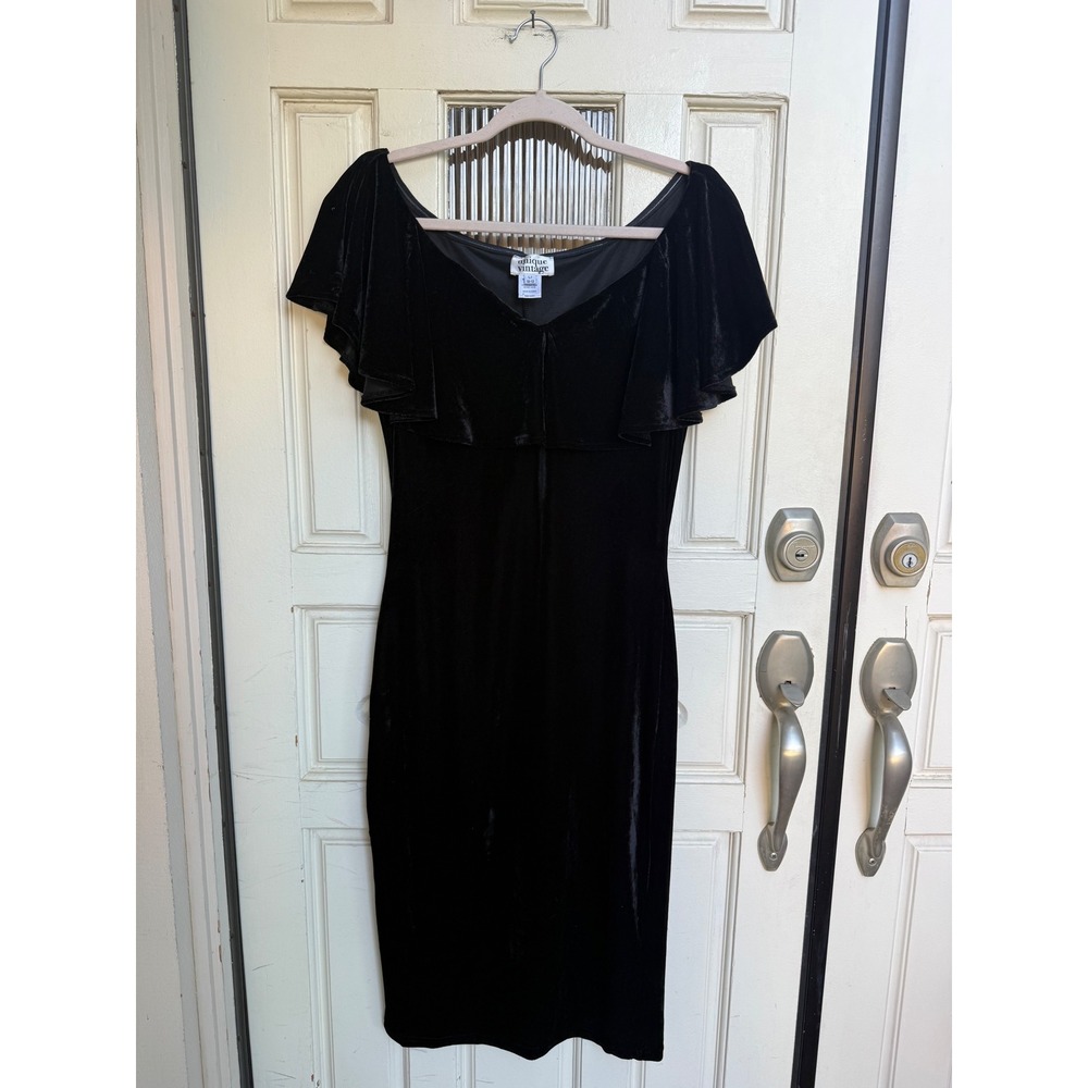 Unique Vintage Black Velvet Ruffle Off Shoulder Bodycon Midi Dress Size L 10-12